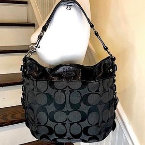 COACH Zoe Grey Signature Jacquard Black Leather Trim Zip Close Hobo Shoulder Bag